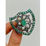 Huge Antique Emerald, Diamond and Pearl Gold Shield Brooch