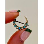Antique 15ct Yellow Gold Pearl and Turquoise Moon Crescent Brooch