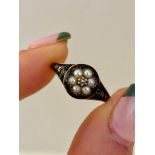 Antique “in memory of” Black Enamel and Diamond Flower Ring