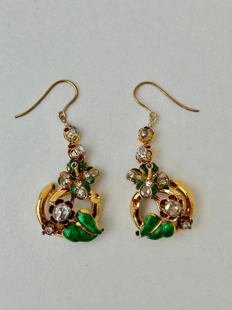 Large Victorian Gold Enamel and Rose Cut Diamond Earrings - Image 3 of 4