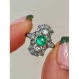 Art Deco Platinum Emerald and Diamond Panel Ring