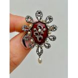 Outstanding Antique Red Enamel Rose Cut Diamond and Pearl Brooch / Pendant