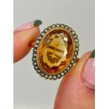 Large Chunky Gold Citrine and Pearl Cluster Ring