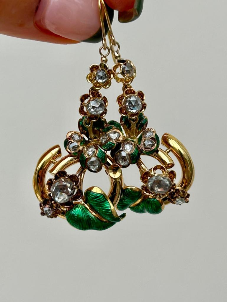 Large Victorian Gold Enamel and Rose Cut Diamond Earrings