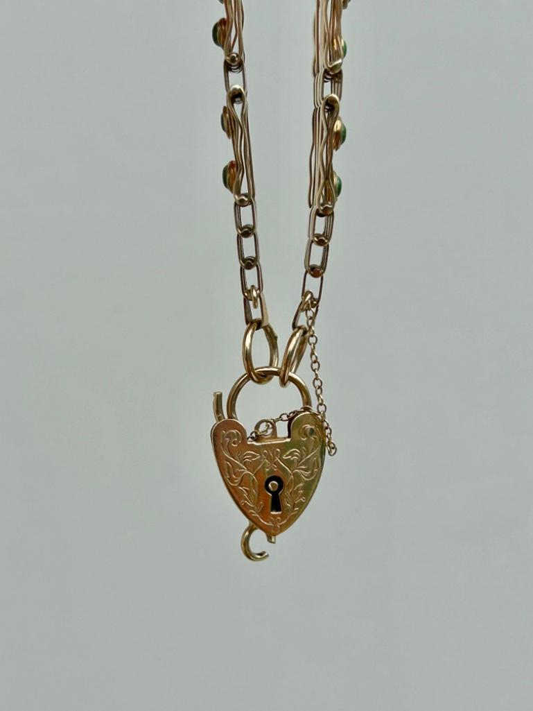 Wide Turquoise Set and Gold Gate Bracelet with Heart Padlock - Image 2 of 5