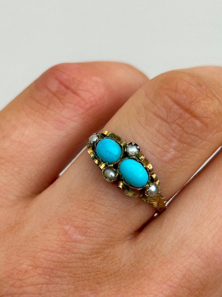 Sweet Gold Turquoise and Pearl Unusual Ring - Image 2 of 5