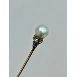 Natural Pearl and Diamond Stick Pin Brooch with Certificate in Gold