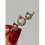 Antique 9ct Gold Red Stone and Pearl Triple Cluster Star Brooch