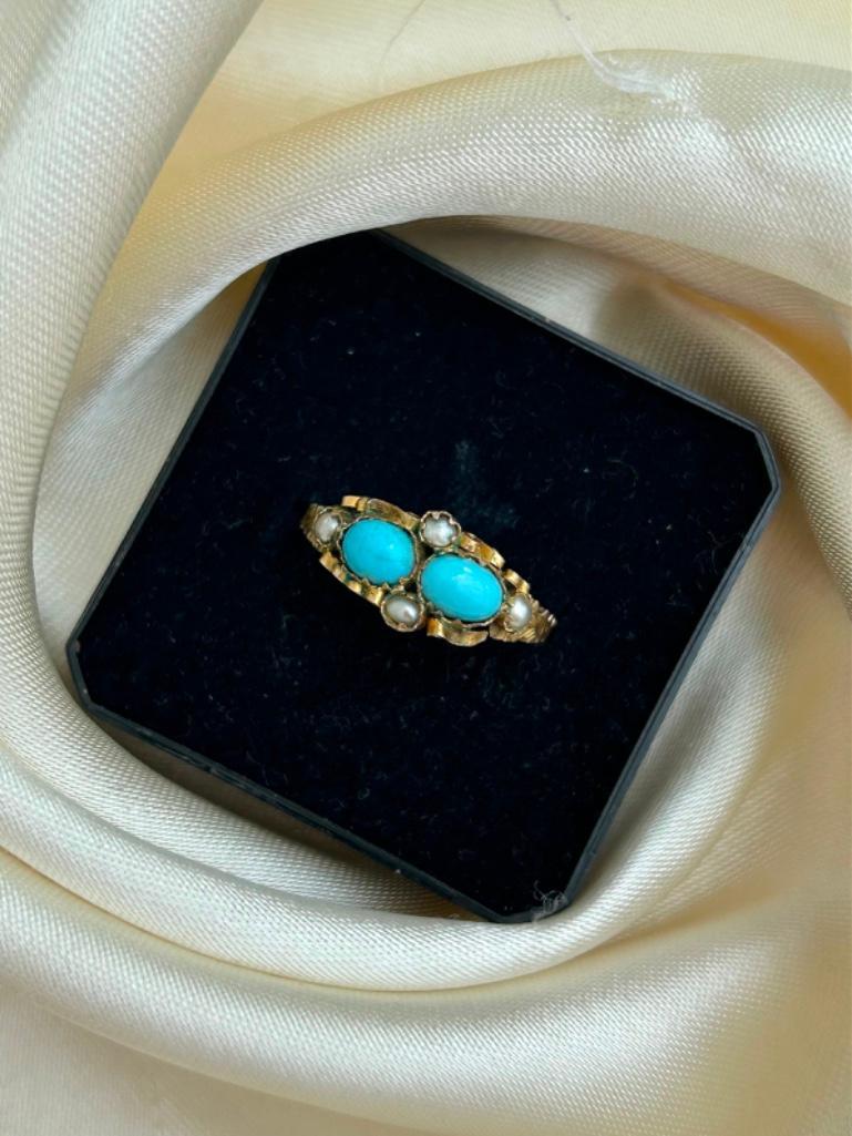 Sweet Gold Turquoise and Pearl Unusual Ring - Image 3 of 5
