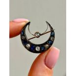 Antique Yellow Gold Sapphire and Diamond Crescent Brooch