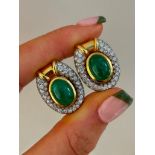 Large Vintage Cabochon Green Stone and Diamond 18ct Yellow Gold Earrings