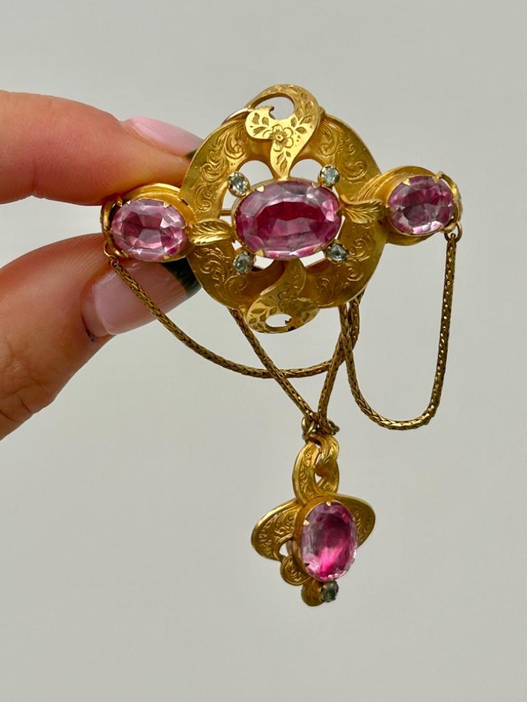 Antique Gold Foiled Amethyst and Crystal Brooch/Pendant