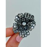 Wonderful Large Antique Diamond Flower Brooch Central Stone Approx .50pts