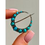 Antique Turquoise and Rose Cut Diamond Yellow Gold and Silver Crescent Brooch
