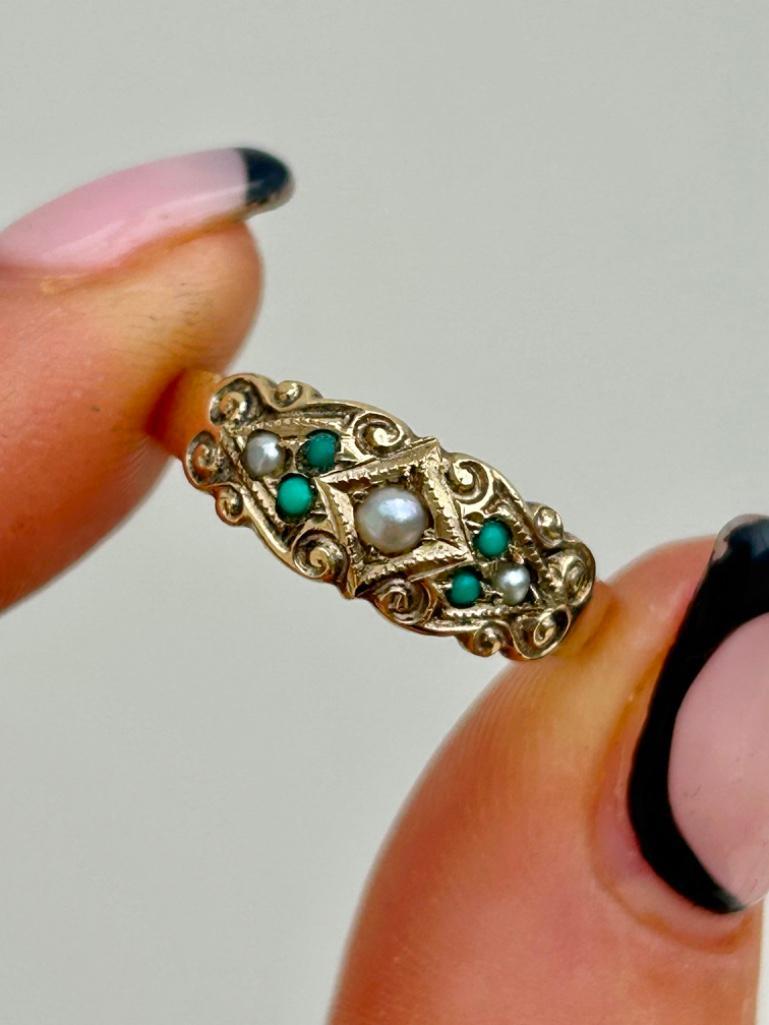 9ct Gold Turquoise and Pearl Ring