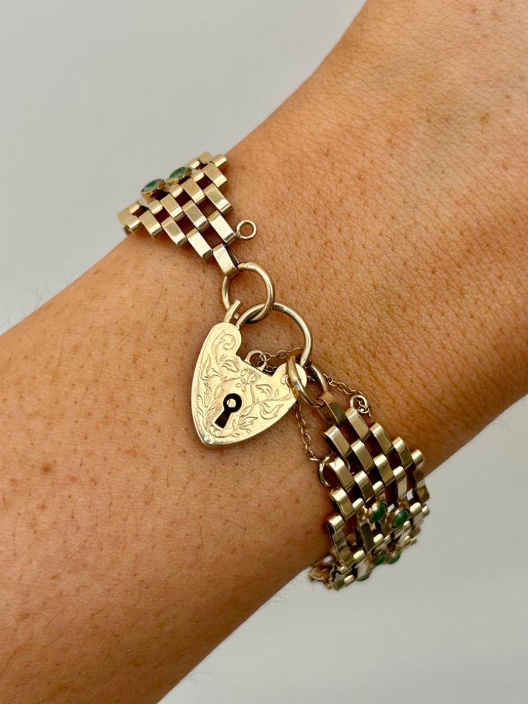 Wide Turquoise Set and Gold Gate Bracelet with Heart Padlock - Image 3 of 5