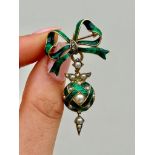 Antique Green Enamel Diamond and Pearl Bow Top Locket Back Brooch in Gold