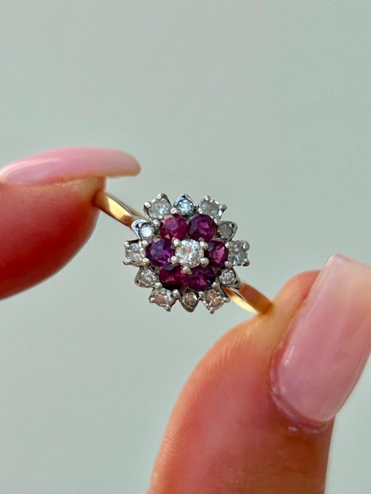 Sweet Ruby and Diamond Cluster Ring in Yellow Gold