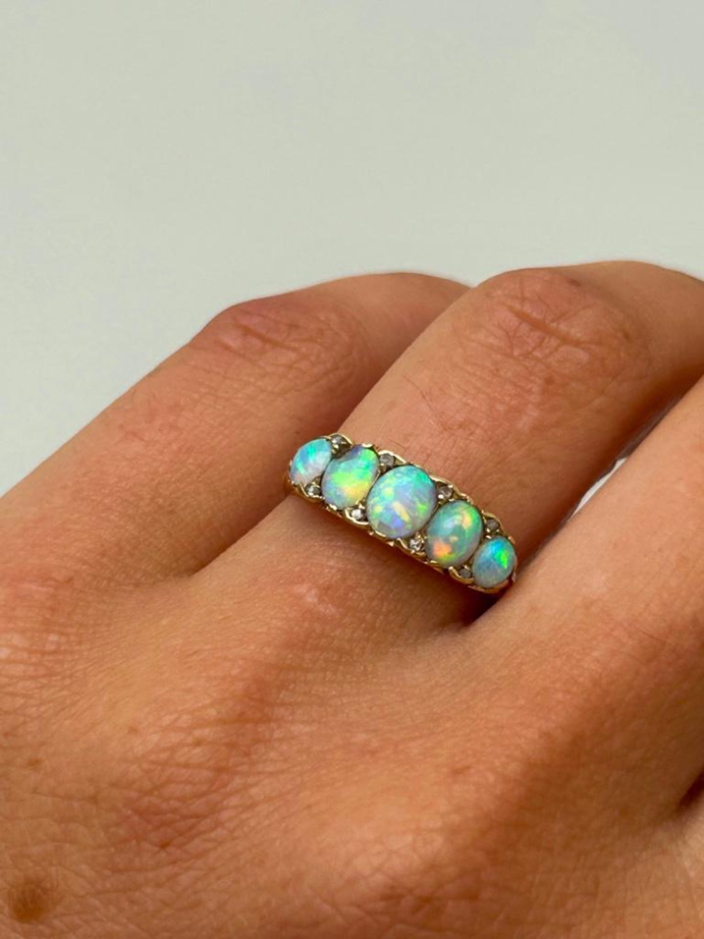 Antique 18ct Yellow Gold Scroll Gallery Opal and Diamond 5 Stone Ring - Image 2 of 6