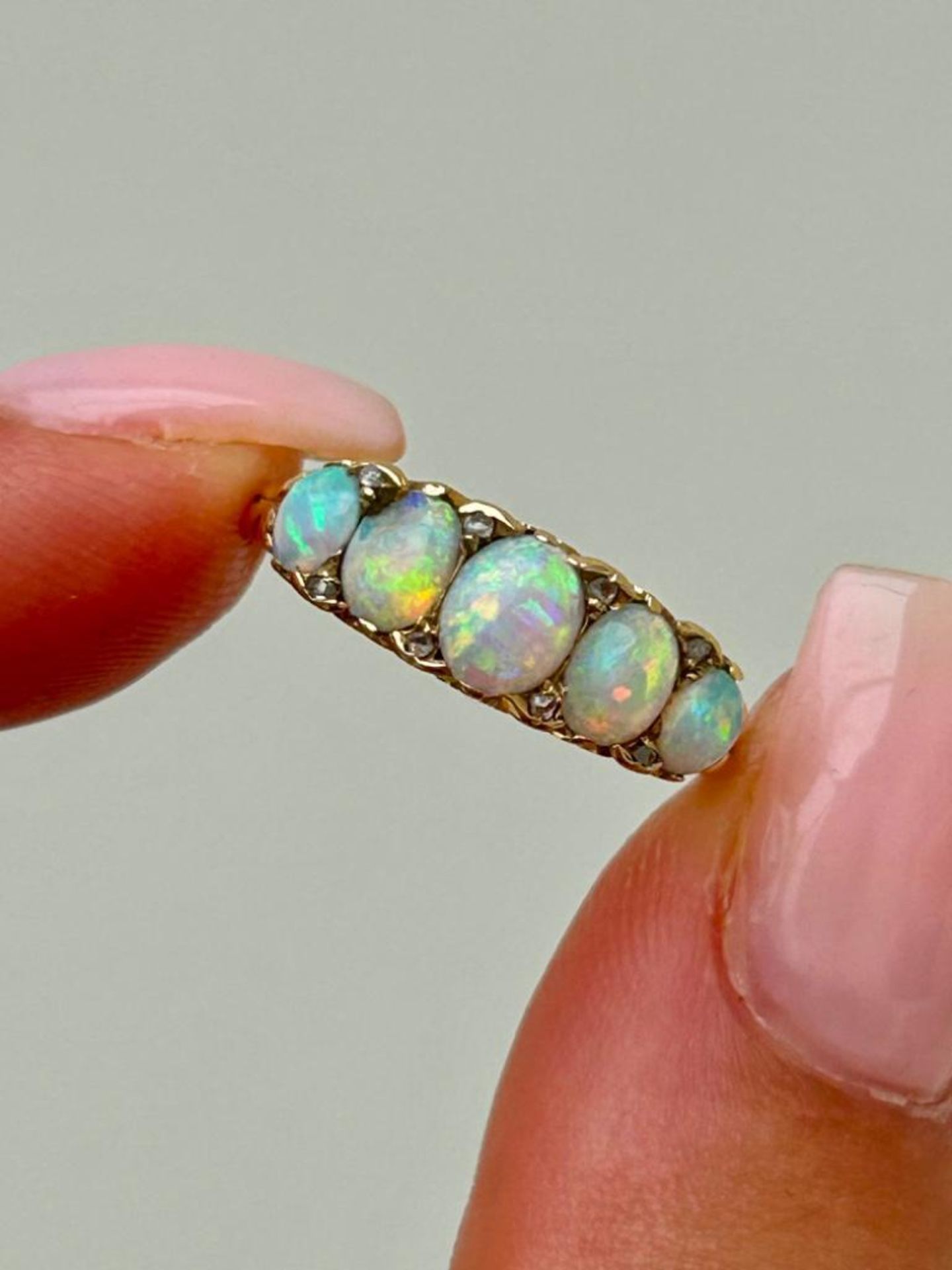 Antique 18ct Yellow Gold Scroll Gallery Opal and Diamond 5 Stone Ring