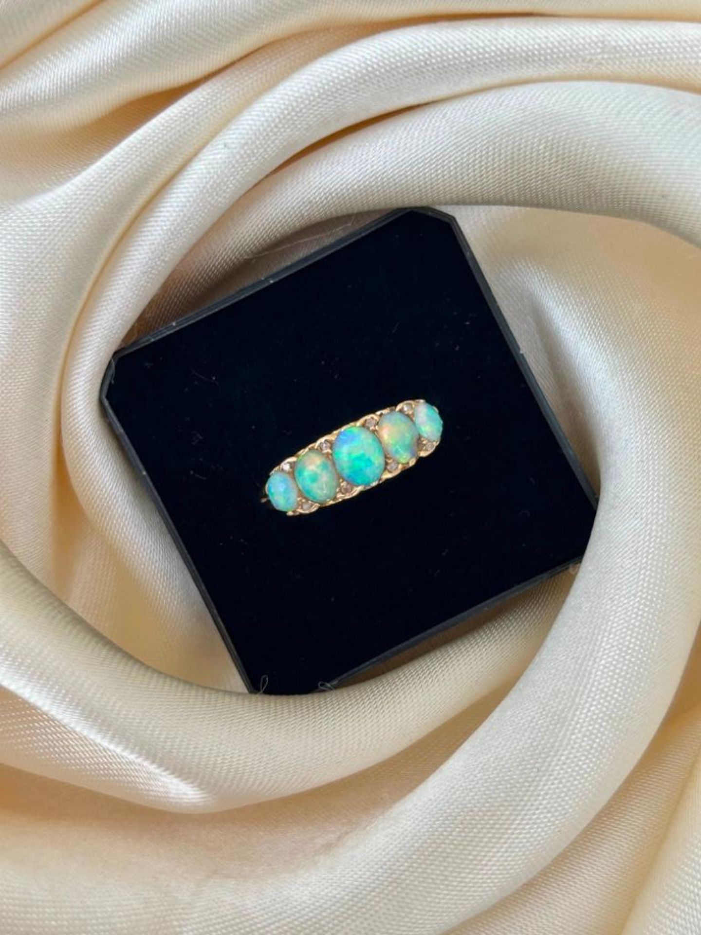 Antique 18ct Yellow Gold Scroll Gallery Opal and Diamond 5 Stone Ring - Image 4 of 6