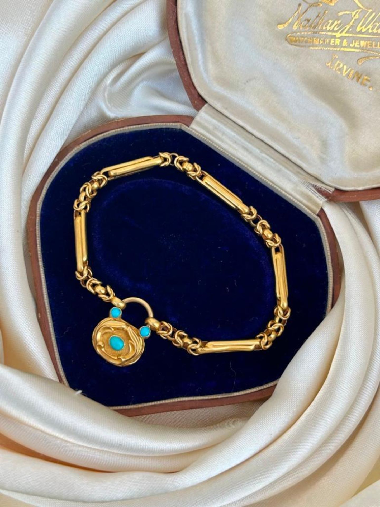 Victorian Era 18ct Yellow Gold Boxed Turquoise Padlock Bracelet