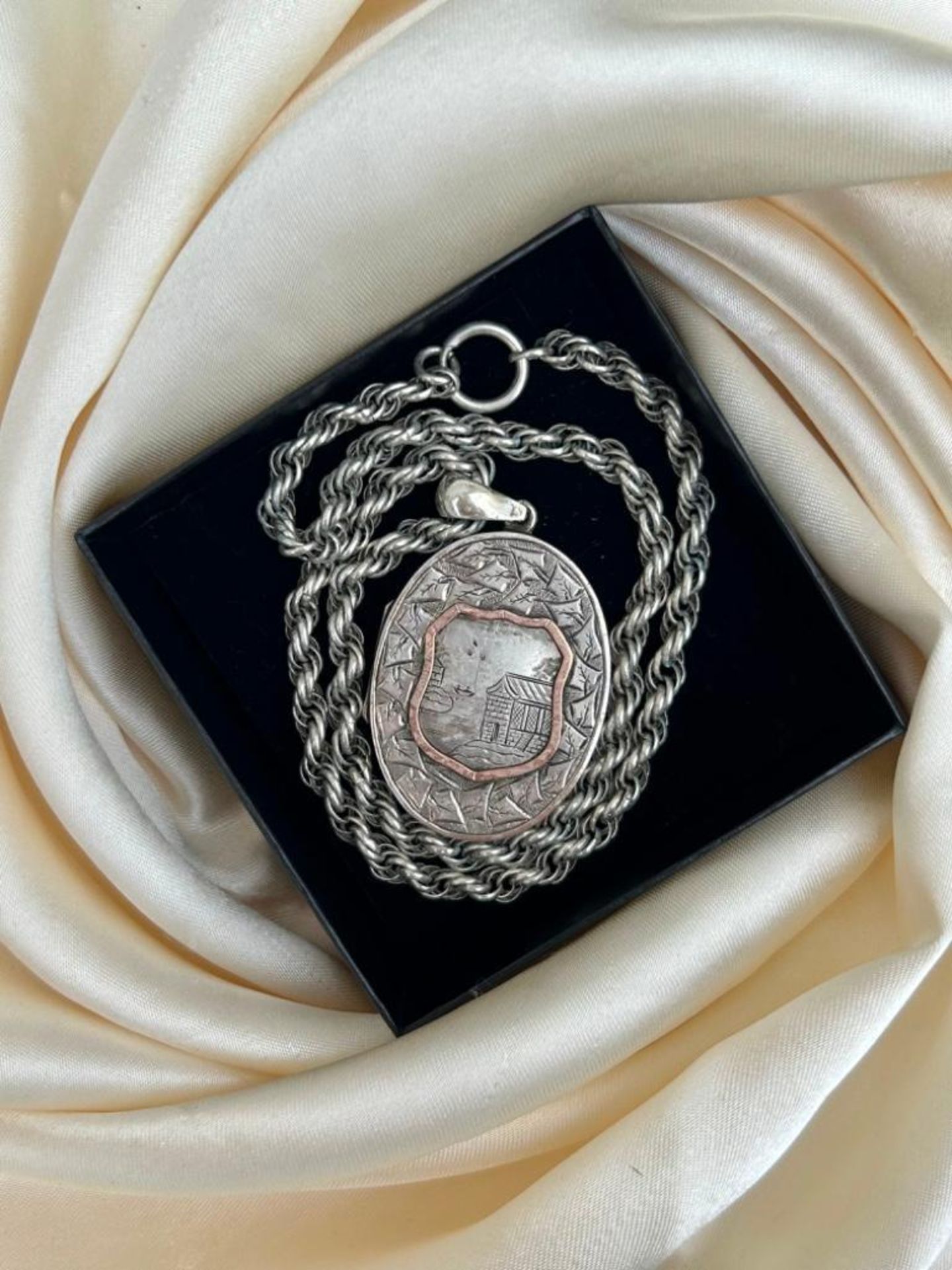 Chunky Antique Aesthetic Silver Locket with Gold Overlay and Chain - Image 3 of 5