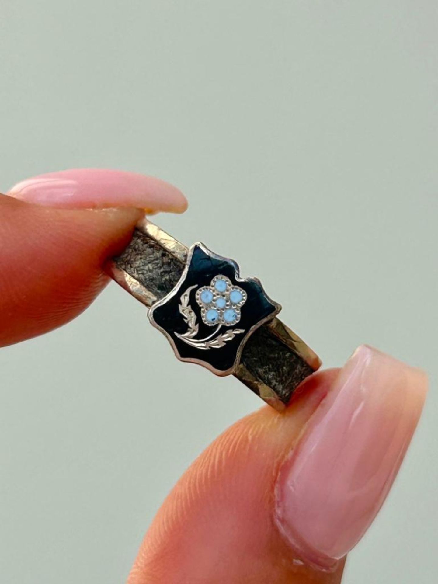 Antique Gold Forget Me Not Enamel Gold Ring with Hair Surround