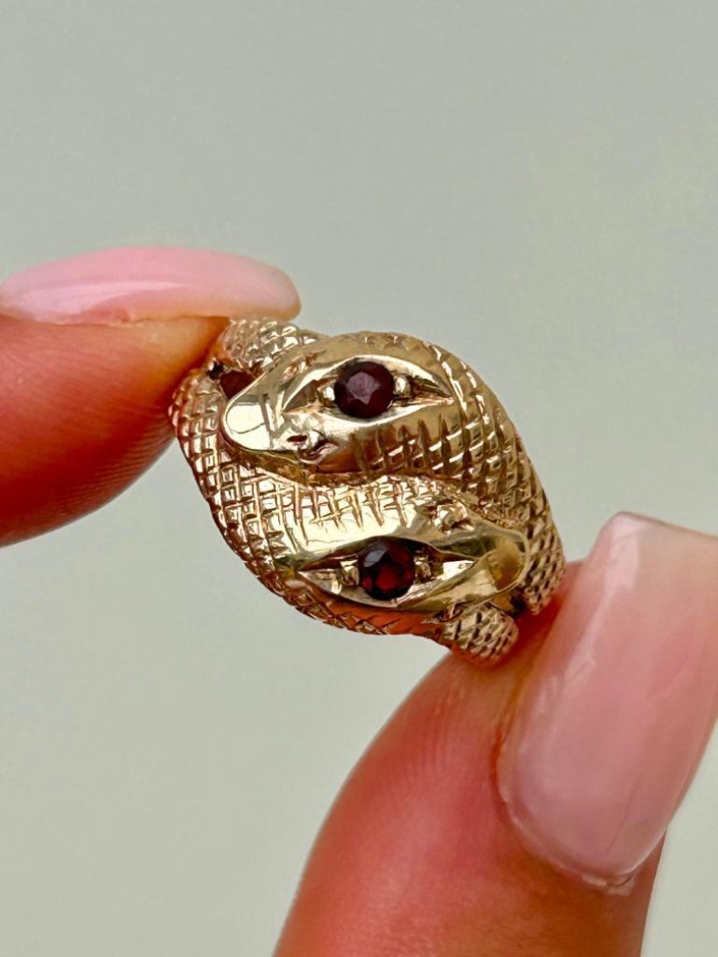 Chunky 9ct Gold Garnet Head Double Snake Ring