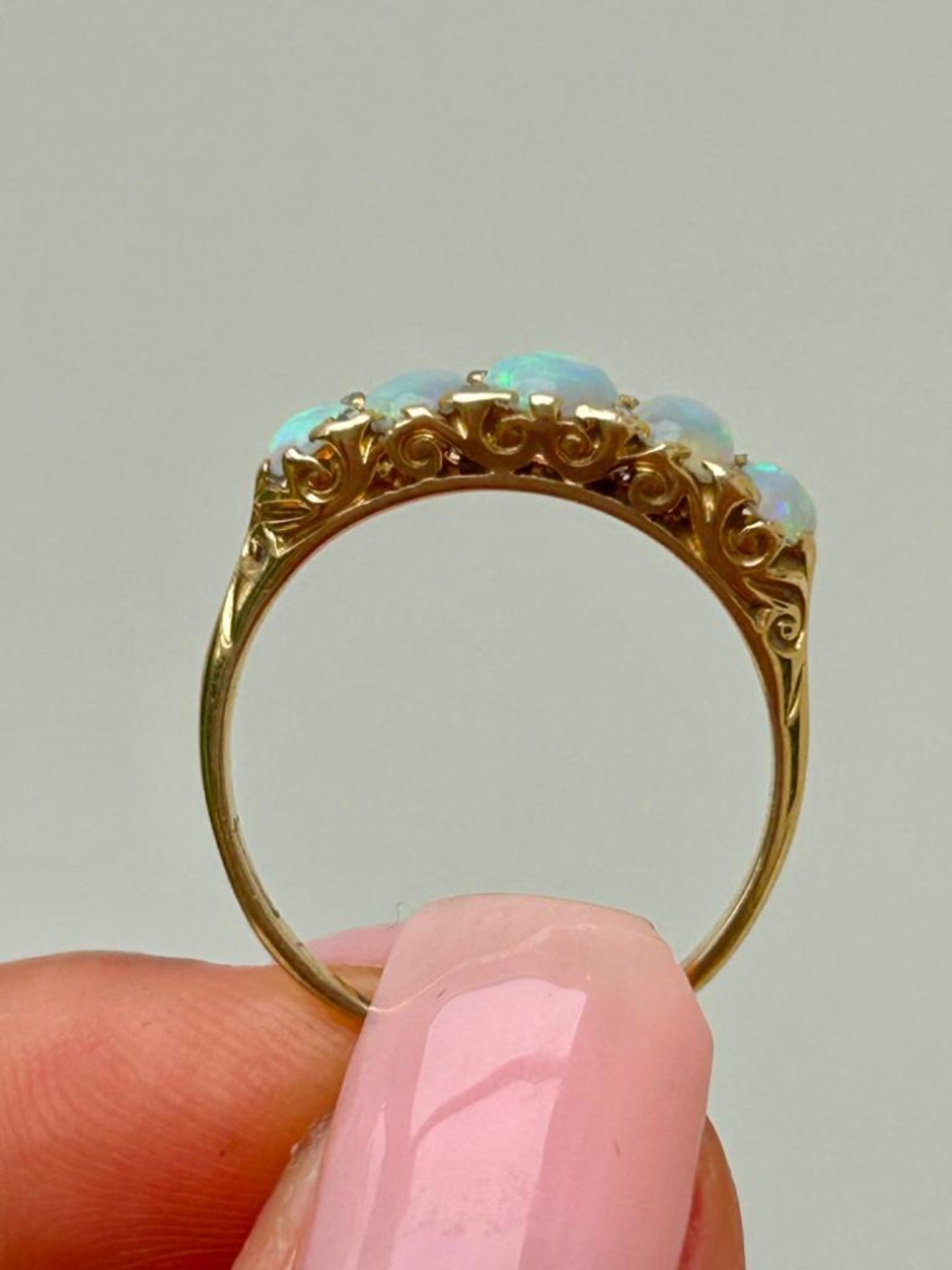 Antique 18ct Yellow Gold Scroll Gallery Opal and Diamond 5 Stone Ring - Image 5 of 6