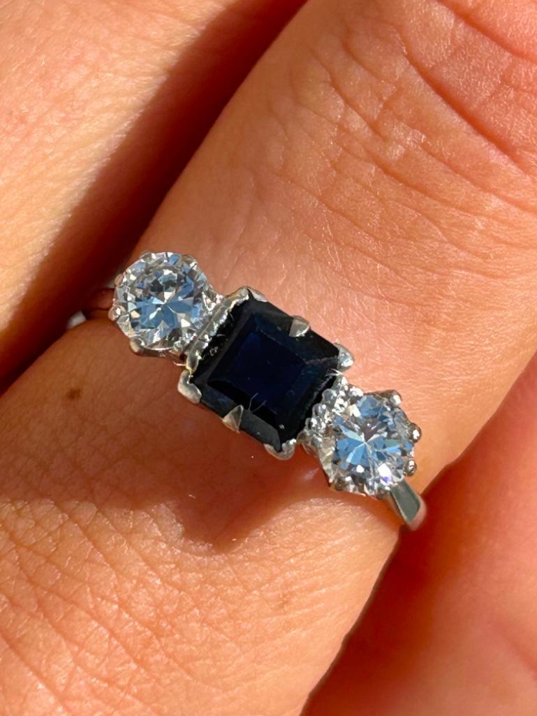 Art Deco Sapphire, Diamond and Platinum Three Stone Ring - Image 6 of 6