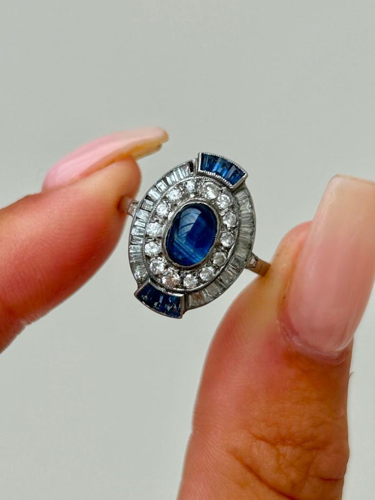 Antique Art Deco Cabochon Sapphire and Diamond Cluster Ring in Platinum