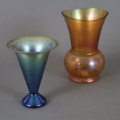 Zwei Vasen - WMF, Geißlingen, um 1930/40, Myra-Glas, 1x Trichtervase, bernsteinfarbenes Kristallgla