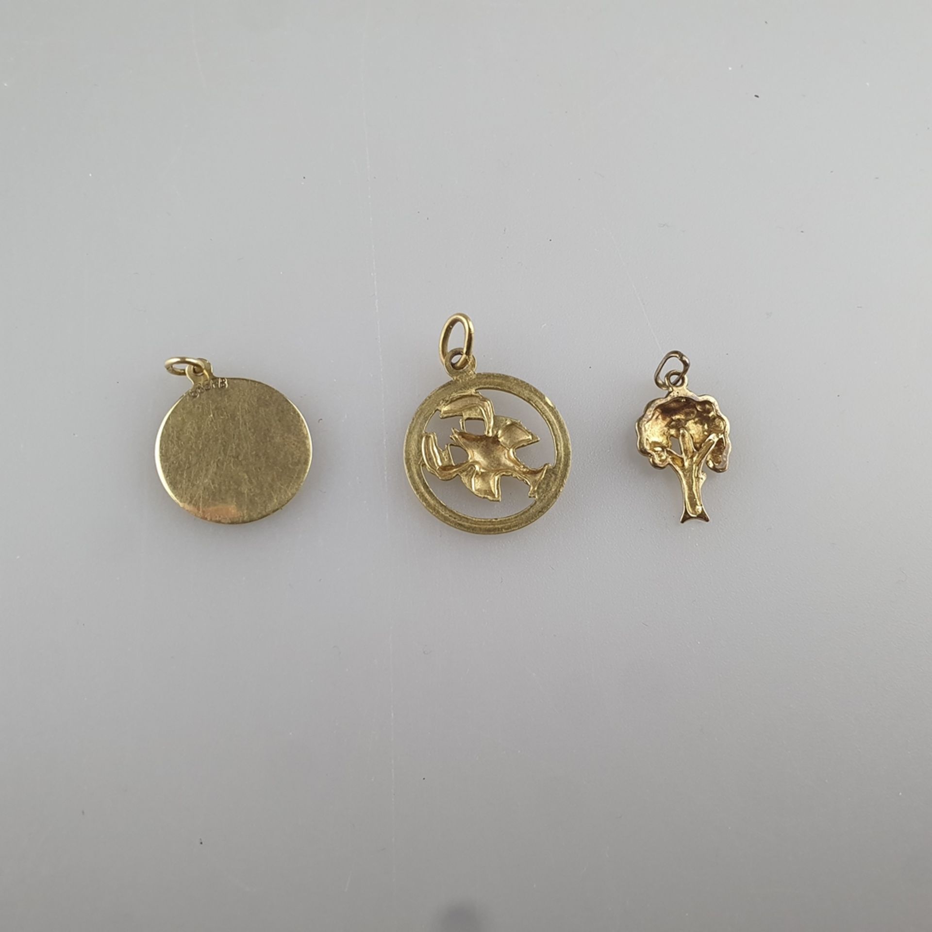 Fünf Goldanhänger/-medaillons & Goldkette - diverse Formen, Gelbgold 333/000, 1x Gelbgold 585/000 ( - Bild 4 aus 9