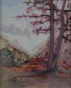 Micaletti, J. (20. Jh.) - Landschaft mit Blick auf verschneiten Berggipfel, Aquarell/Tusche auf Pap
