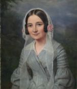 Meyerheim, E. (19. Jh.) - Bildnis einer jungen Frau mit Schleier im hellgrauem Kleid, Öl auf Platte