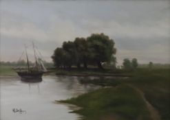 De Pauw, René (1887-1946) - Wasserlandschaft mit Segelboot und Figurenstaffage, Öl auf Leinwand, un