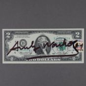 Warhol, Andy (1928 Pittsburgh - 1987 New York) - „Two Jefferson's Dollars“, 2 Dollarnote mit Signat