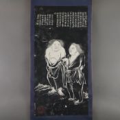 Chinesisches Rollbild - Großformatige figürliche Darstellung unterhalb ausführlicher Textspalten im