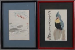Zwei Farbholzschnitte - China, teils koloriert, 1x Sitzender Papagei nach Qi Baishi mit Aufschrift 