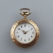 Damen-Anhängeuhr /-Taschenuhr - Gelbgold 585/000, Gehäuse aufwendig ziseliert, guillochiert, rückse