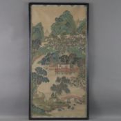 Chinesische Seidenmalerei - Berglandschaft mit Figurenstaffage, Tusche und Farben auf Seide, am lin