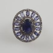 Saphirring mit Kyaniten und Diamanten - Sterling Silber 925/000, Besatz mit 1 blauem Saphir im Oval