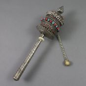 Gebetsmühle / Mani-Handrad - Tibet, Silberlegierung üppig verziert und mit Filigrandraht ornamentie