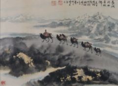 Chinesischer Künstler 20.Jh.- Kamelkarawane im Hochgebirge, Aquarellfarben und Tusche auf Papier, b