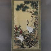 Chinesisches Rollbild mit „Glück-& Langes Leben“-Symbolik- Landschaft mit Kranichen unter einer Kie