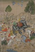 Indopersische Malerei - 20. Jh., vielfigurige Löwenjagdszene mit Elefanten- und Pferdereitern, Jäge