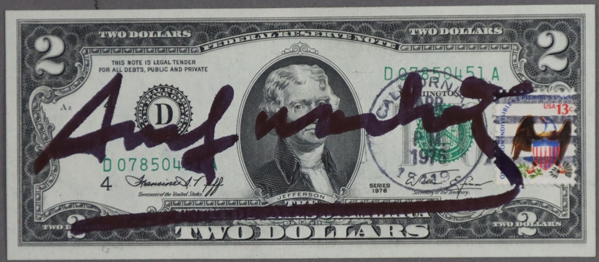 Warhol, Andy (1928 Pittsburgh - 1987 New York) - „Two Jefferson's Dollars“, 2 Dollarnote mit Signat