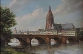 Wolf, Heinz J. (1924-?) - Ansicht von Frankfurt mit alter Brücke und Dom St. Bartholomäus, Öl auf L