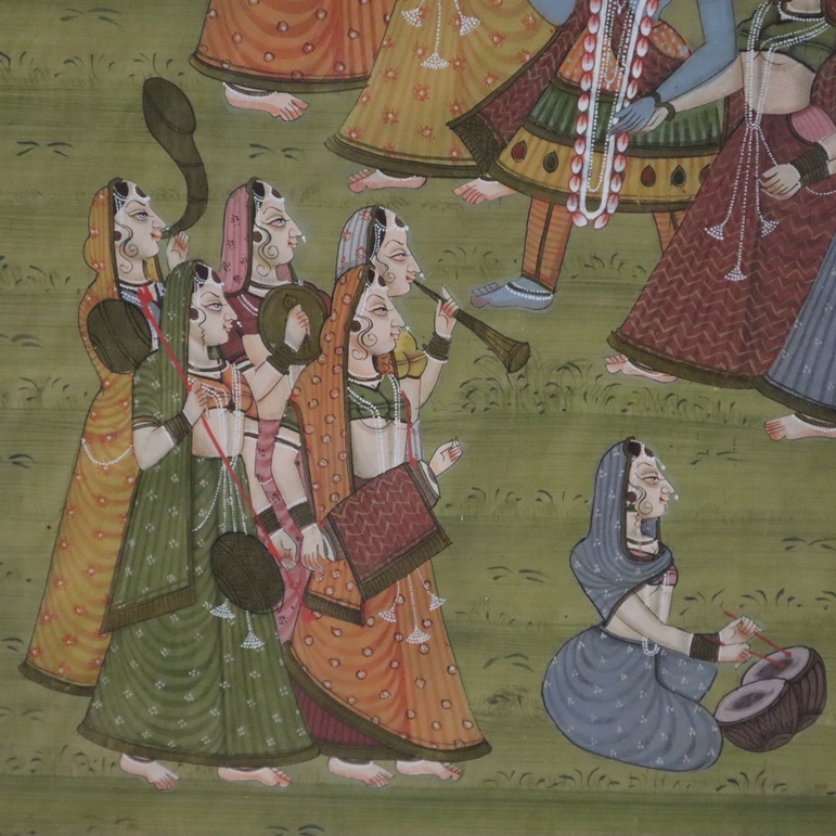 Pichhwai mit fein gemalter Darstellung des Rasalila - Indien, Rajasthan, 20.Jh., Gouache auf Leinen - Image 7 of 12